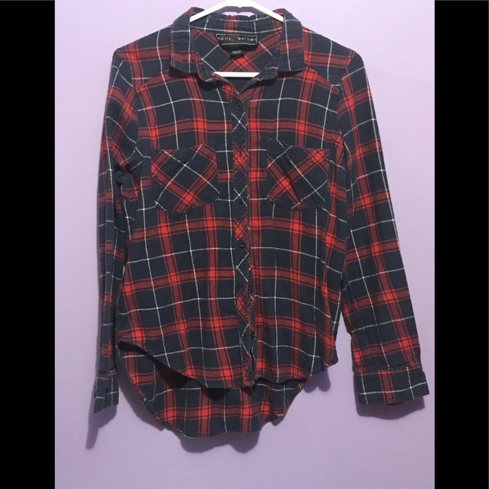 Red and Navy Button-Down Flannel Shirt